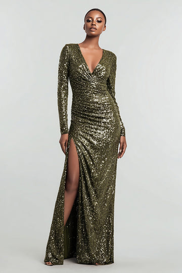 Olive Long Sleeve Sheath Sequin Evening Dress